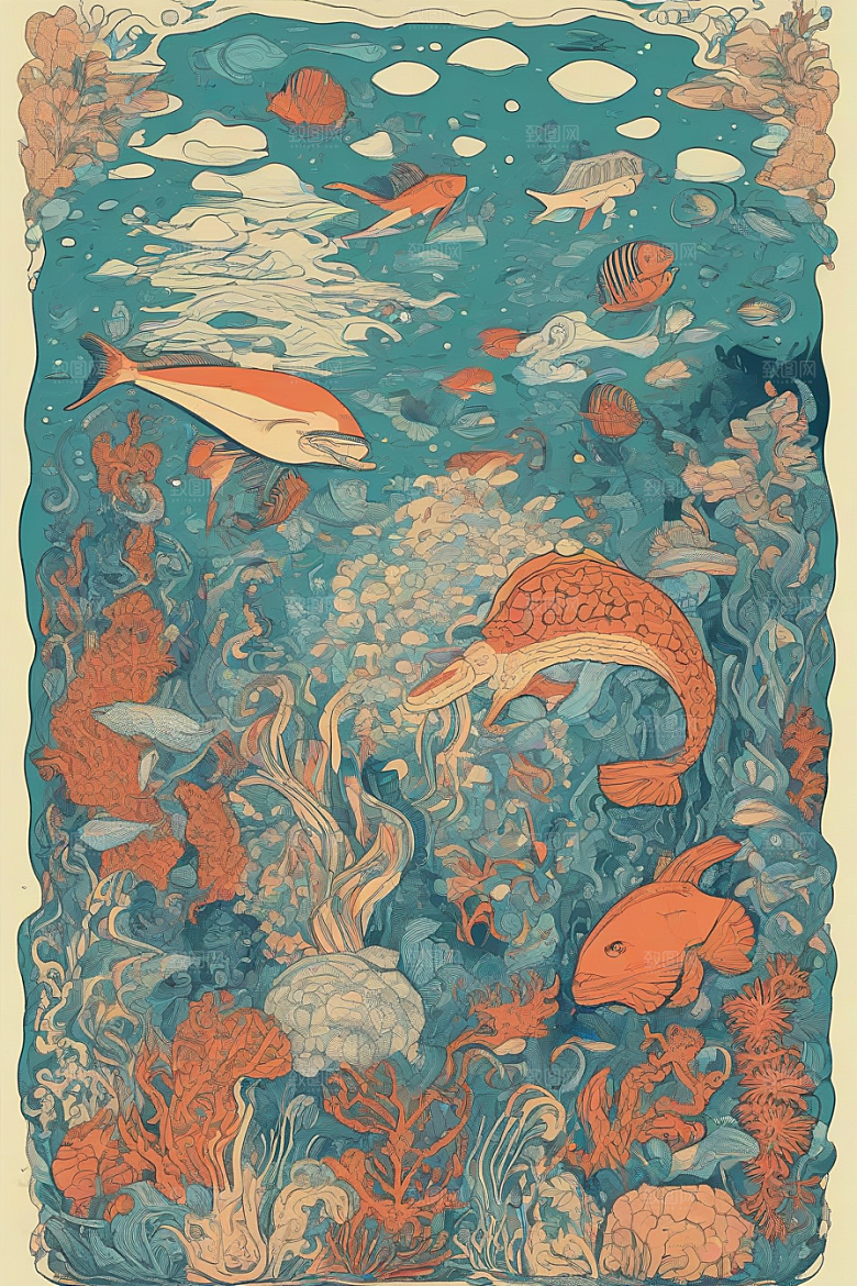 海洋奇迹植物和生物插画的神奇景观