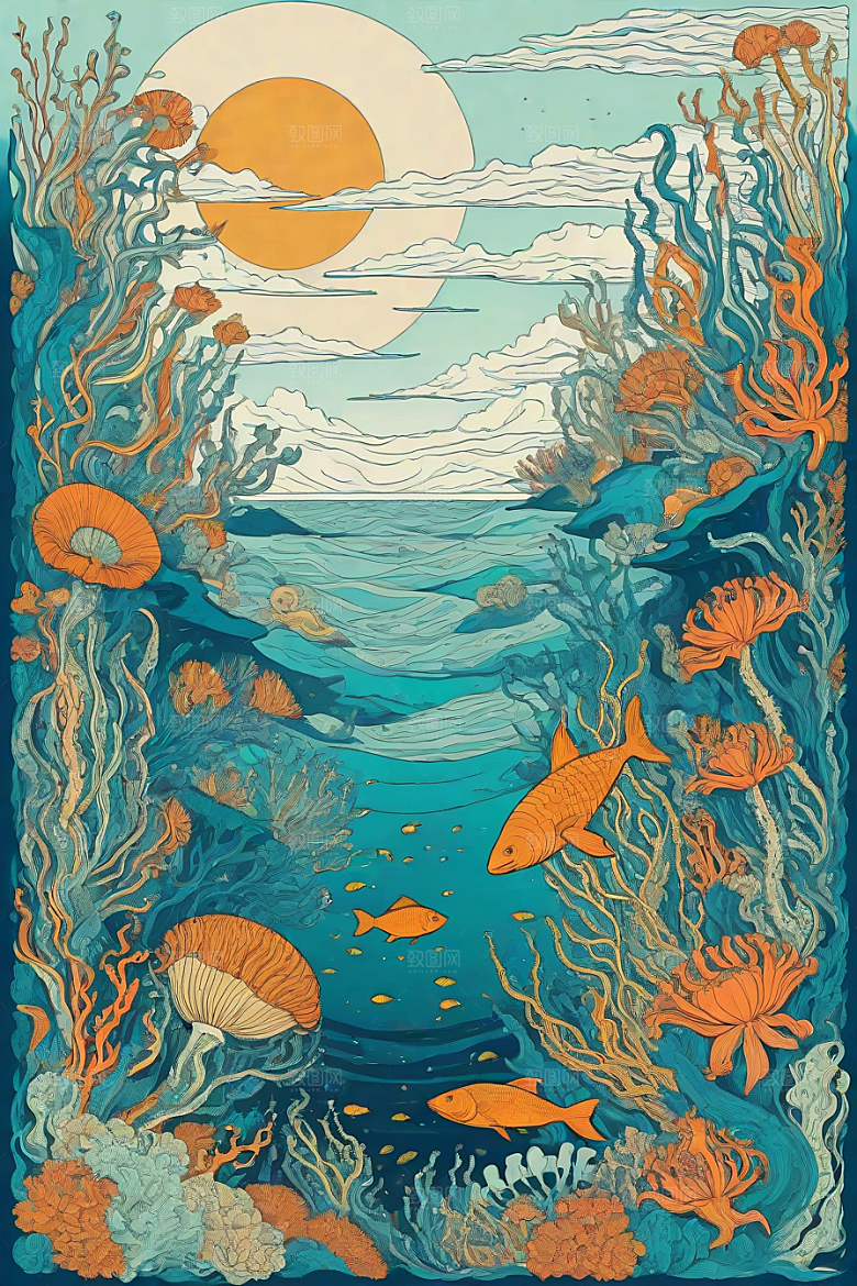 海洋奇迹植物和生物插画的神奇景观