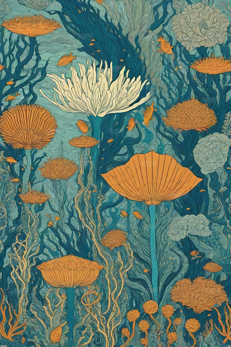 海洋奇迹植物和生物插画的神奇景观