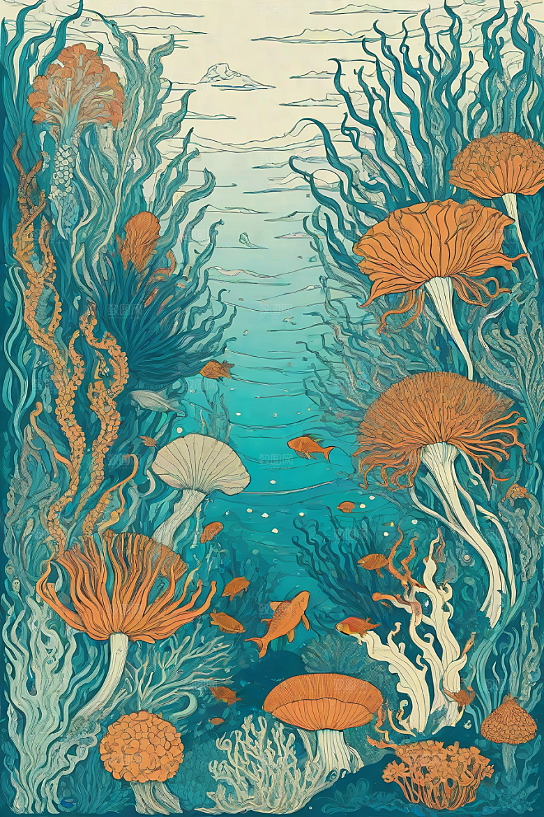 海洋奇迹植物和生物插画的神奇景观