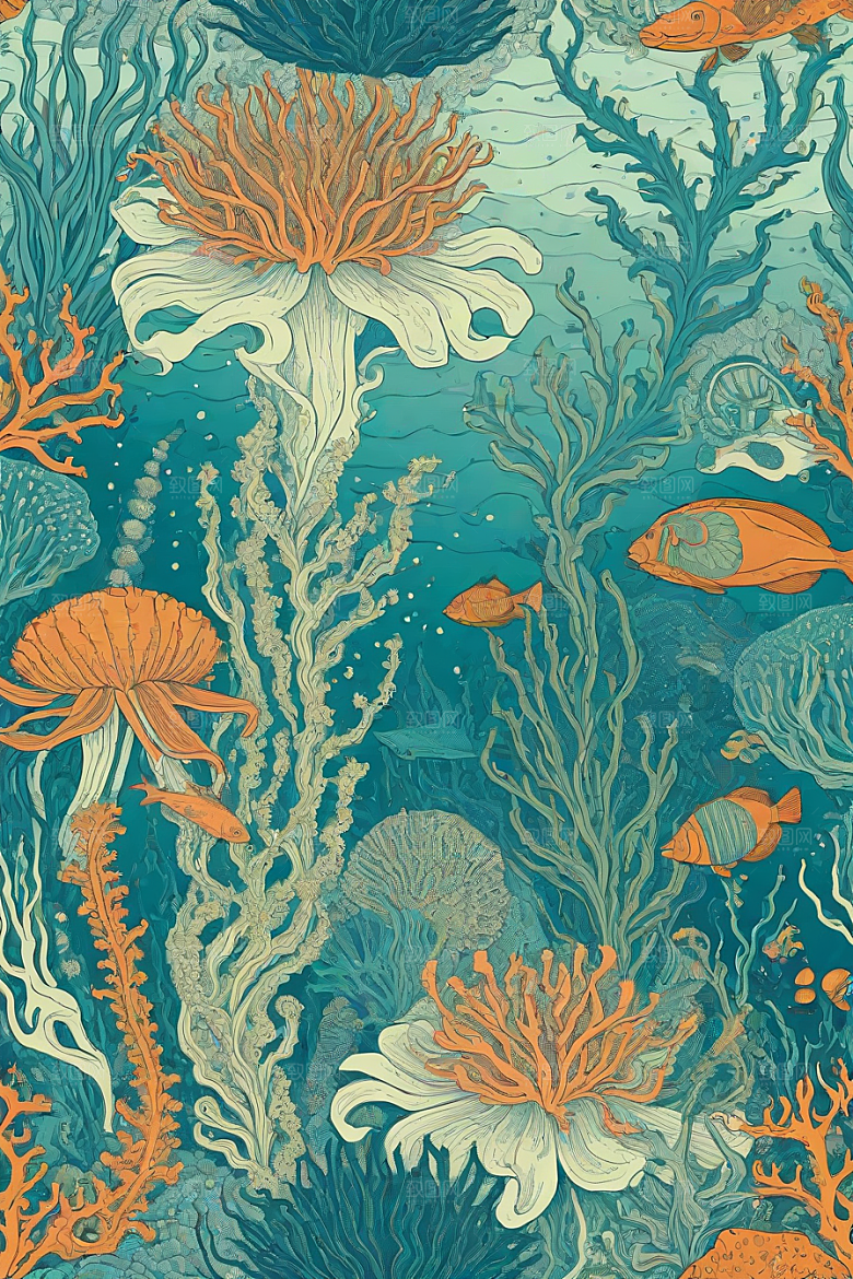 海洋奇迹植物和生物插画的神奇景观