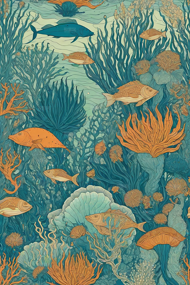 海洋奇迹植物和生物插画的神奇景观