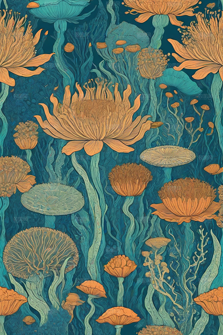 海洋奇迹植物和生物插画的神奇景观