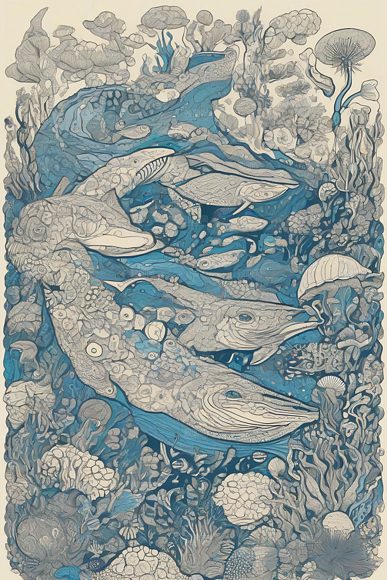 海洋奇迹植物和生物插画的神奇景观