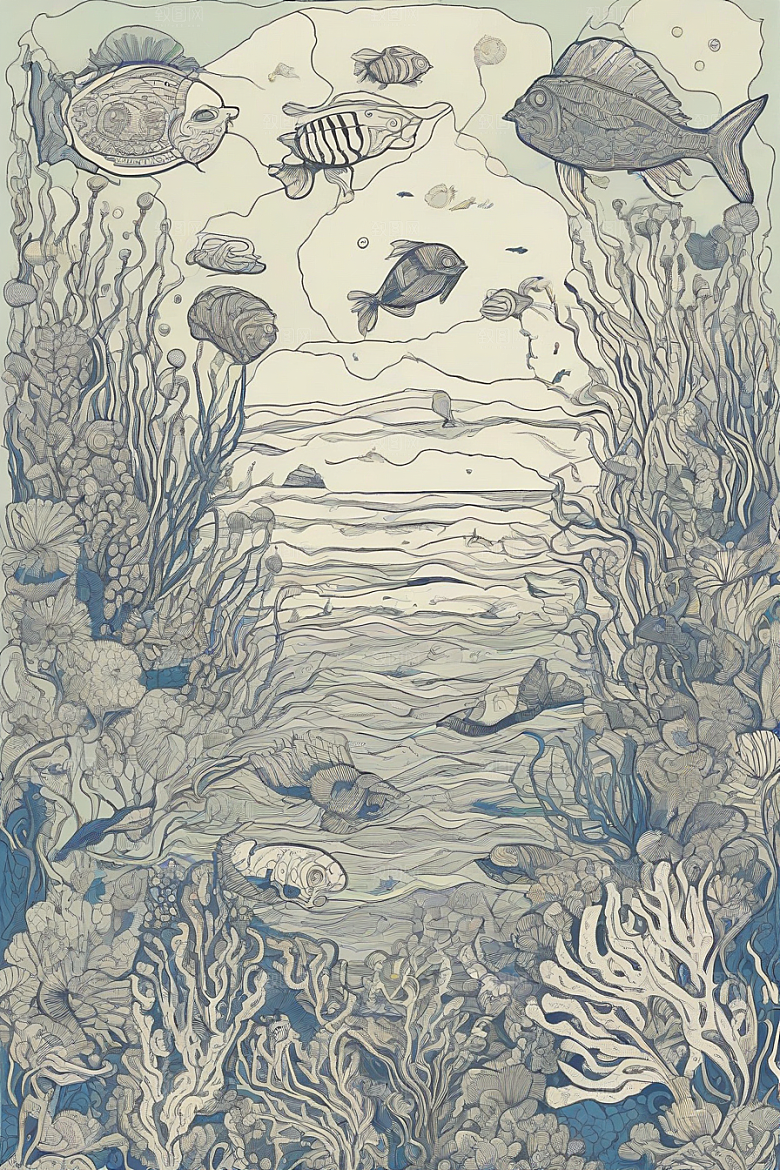 海洋奇迹植物和生物插画的神奇景观