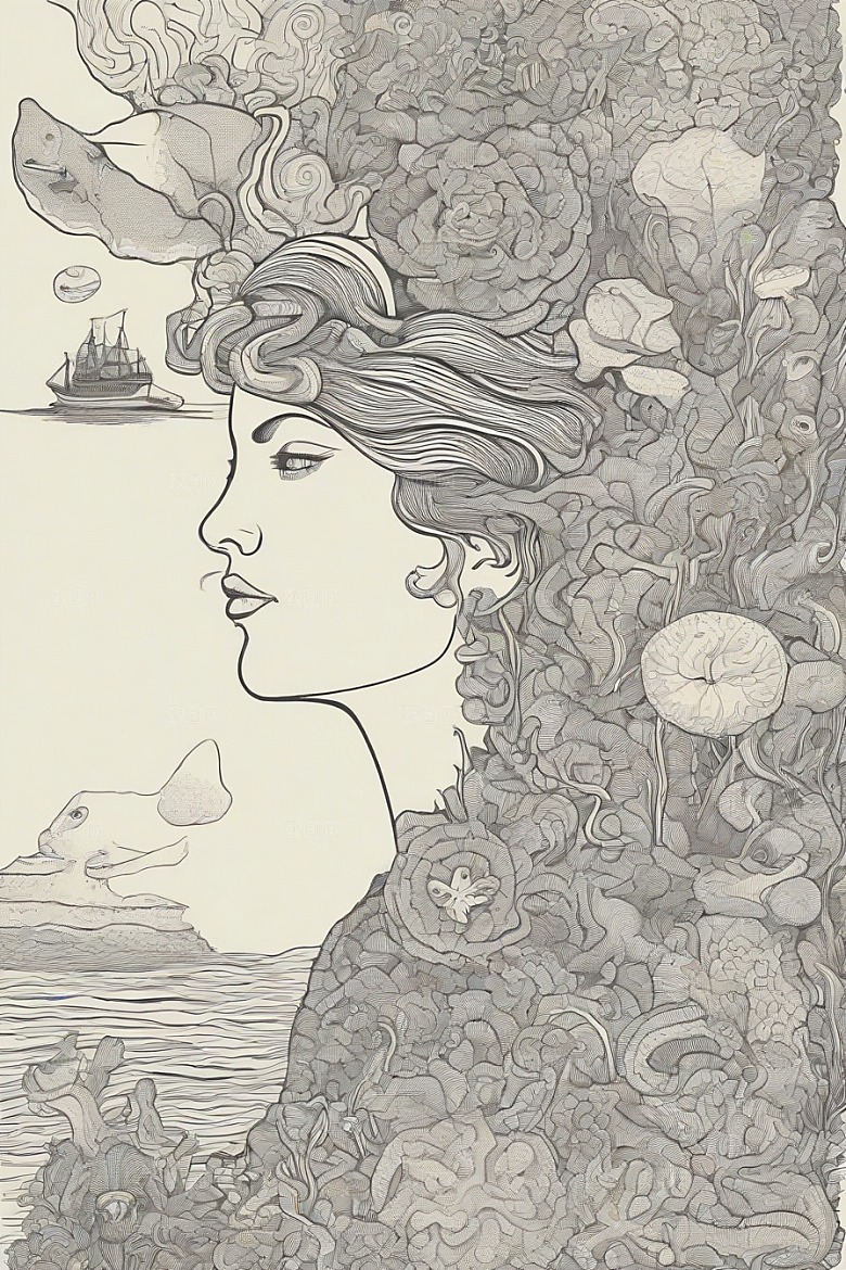海洋幻景植物和生物插画的幻境风景