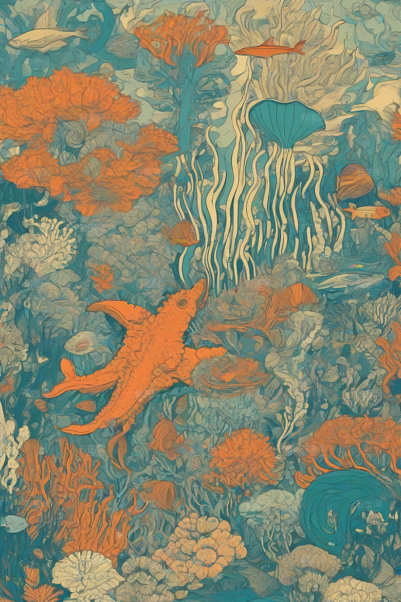 海洋幻景植物和生物插画的幻境风景