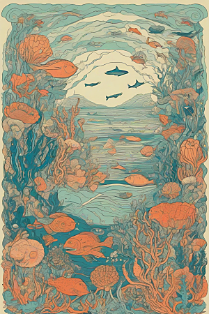 海洋幻景植物和生物插画的幻境风景