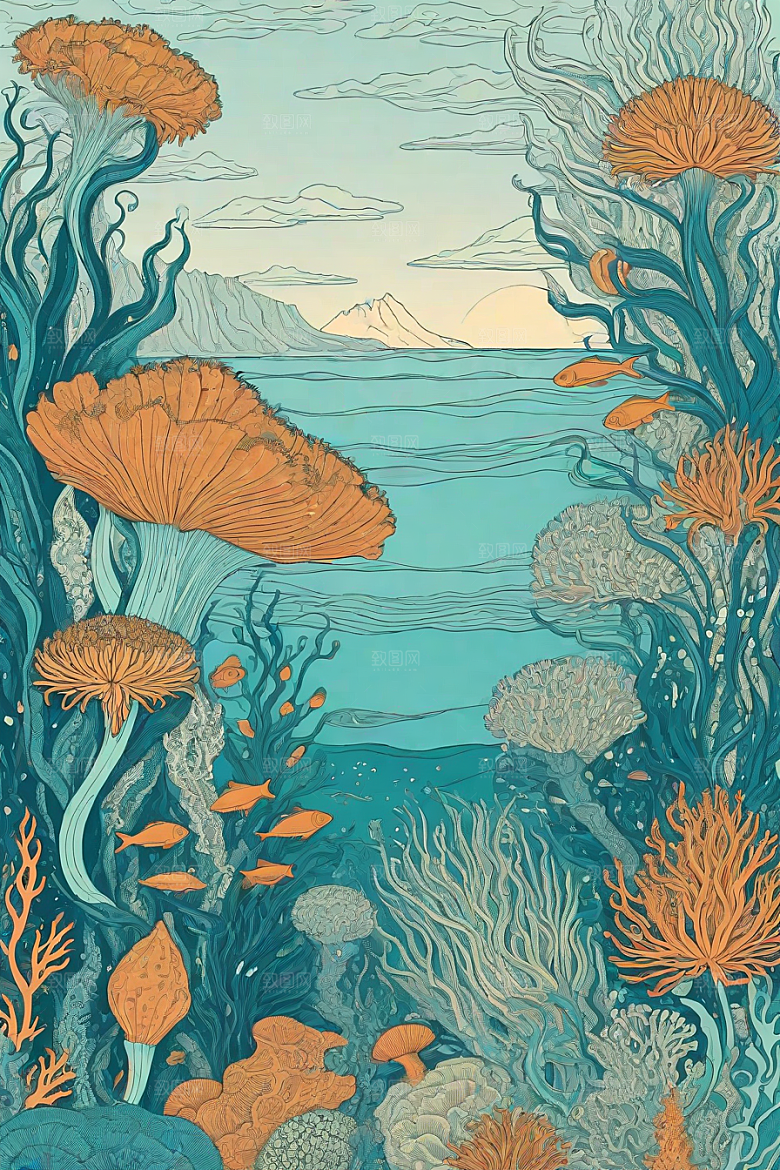 海洋幻景植物和生物插画的幻境风景