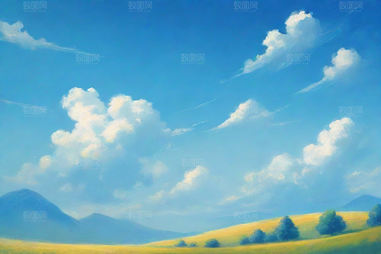 明亮蓝天下的白云草地
