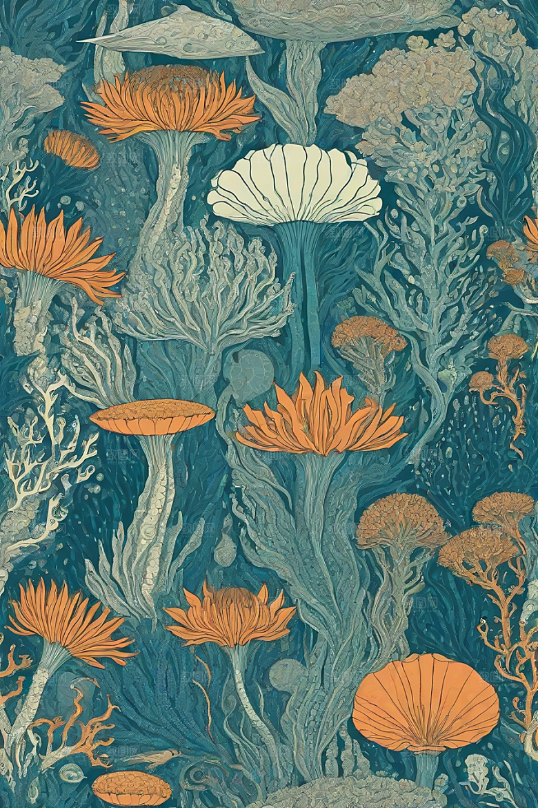 海洋幻景植物和生物插画的幻境风景