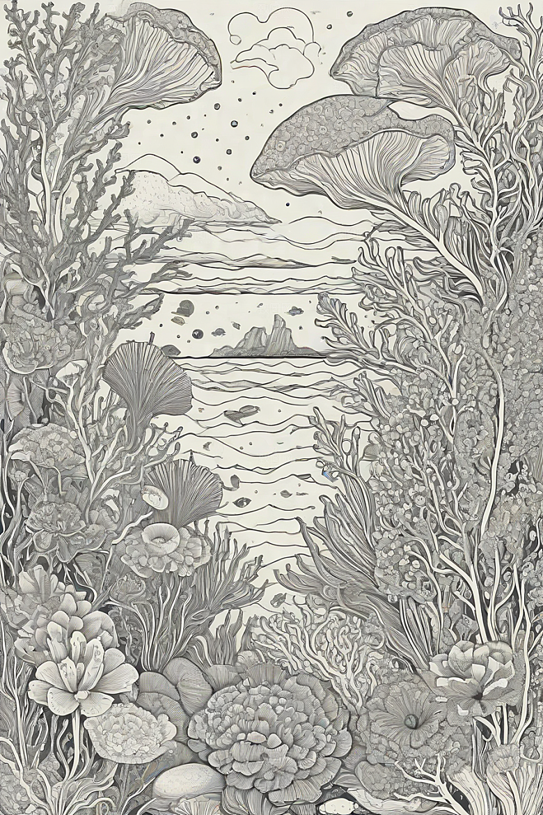 海洋幻景植物和生物插画的幻境风景
