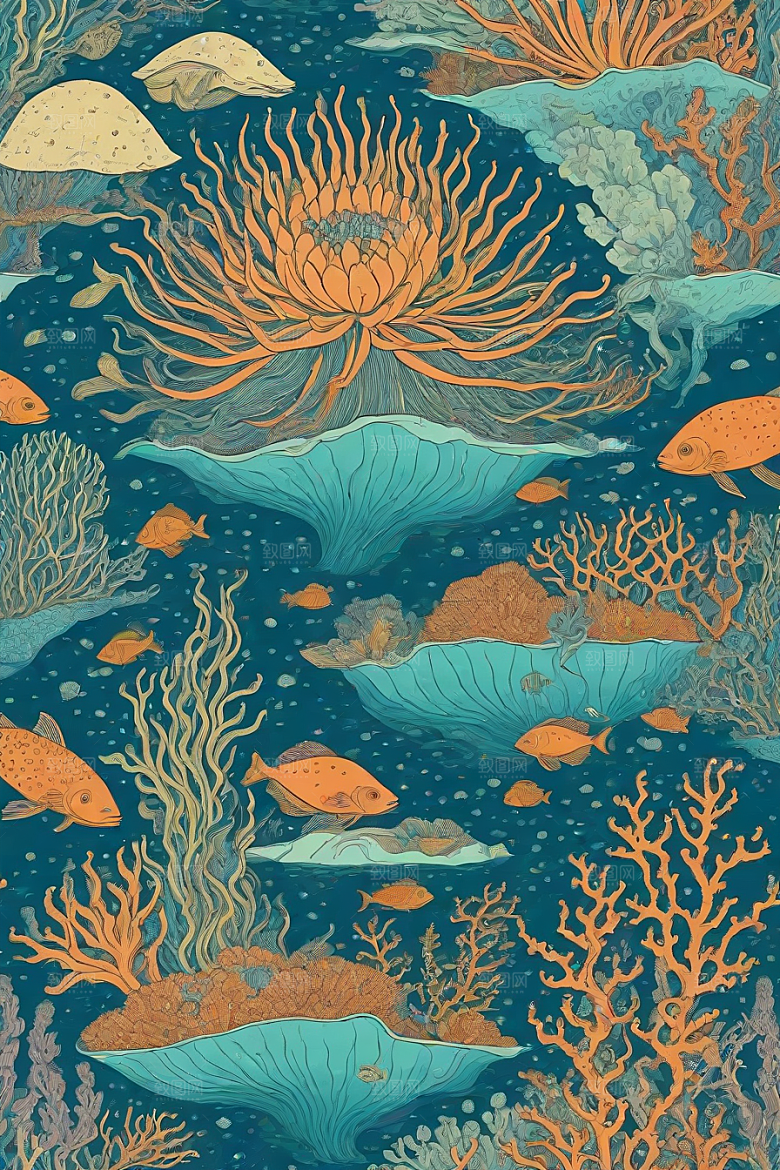 海洋幻景植物和生物插画的幻境风景