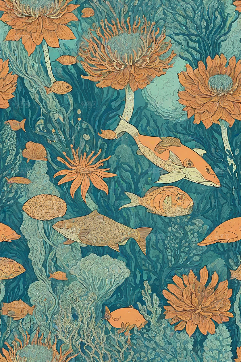 海洋幻景植物和生物插画的幻境风景