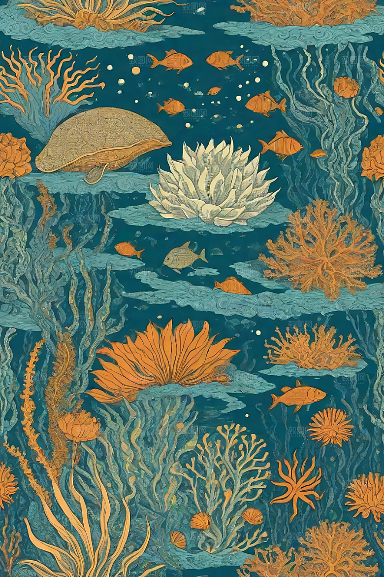 海洋幻景植物和生物插画的幻境风景