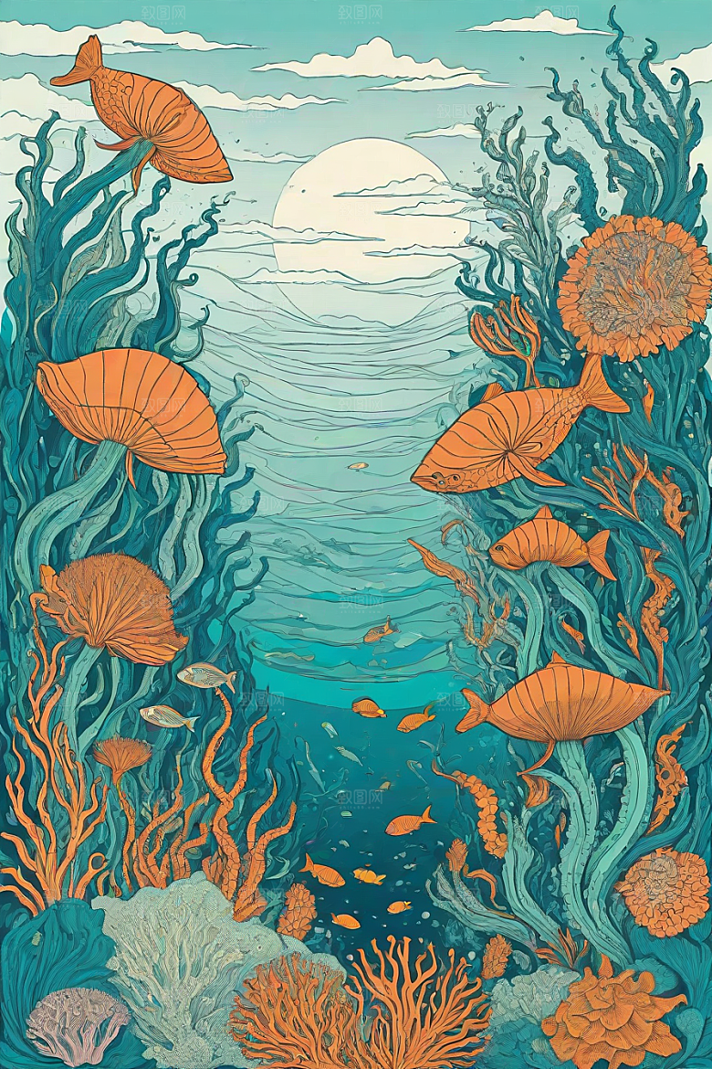 海洋幻景植物和生物插画的幻境风景