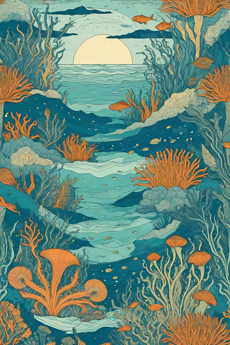 海洋幻景植物和生物插画的幻境风景