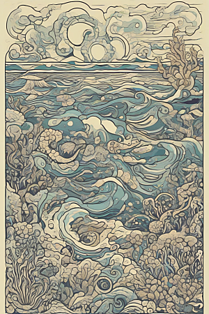 海洋幻景植物和生物插画的幻境风景