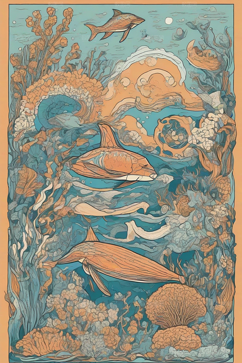 海洋幻景植物和生物插画的幻境风景