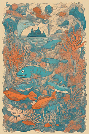 海洋幻景植物和生物插画的幻境风景