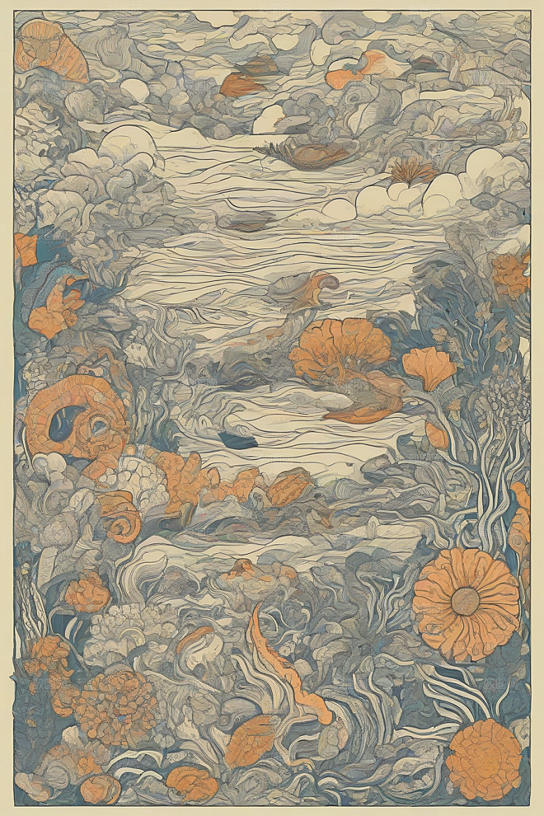 海洋幻景植物和生物插画的幻境风景