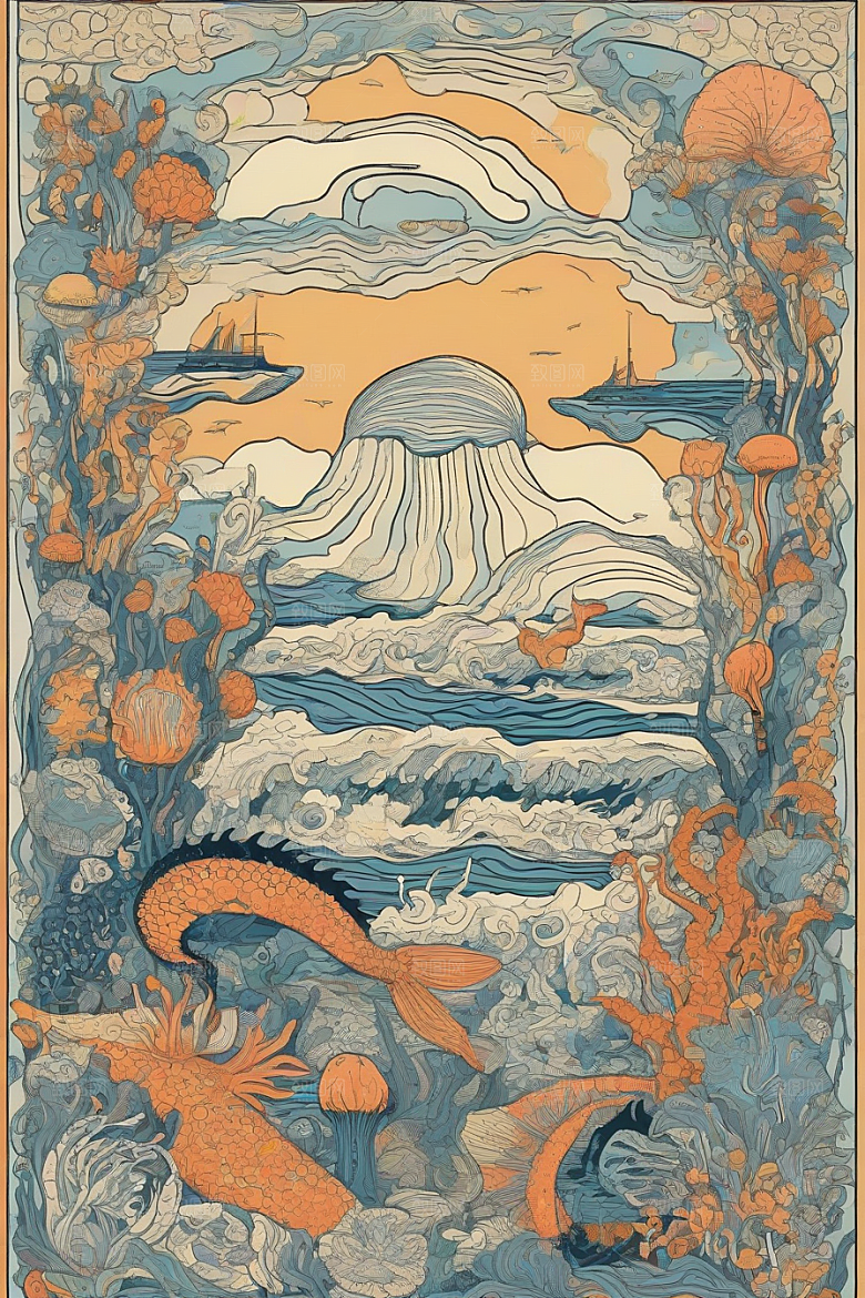 海洋幻景植物和生物插画的幻境风景