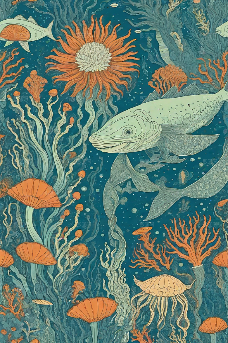 海洋之梦植物和生物插画的梦幻画面