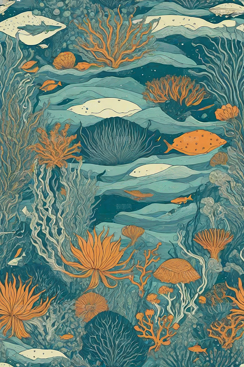 海洋之梦植物和生物插画的梦幻画面
