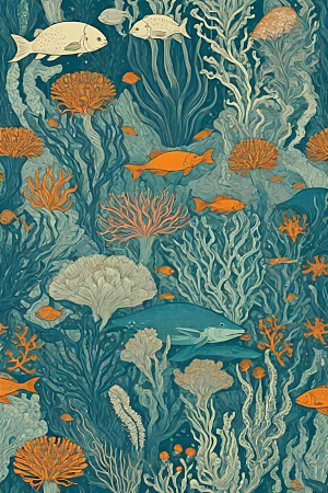 海洋之梦植物和生物插画的梦幻画面