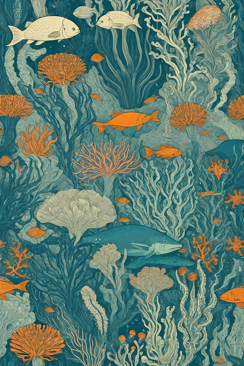 海洋之梦植物和生物插画的梦幻画面