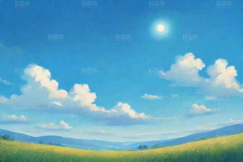 明亮蓝天下的白云草地