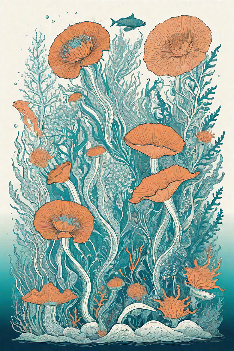 海洋之梦植物和生物插画的梦幻画面