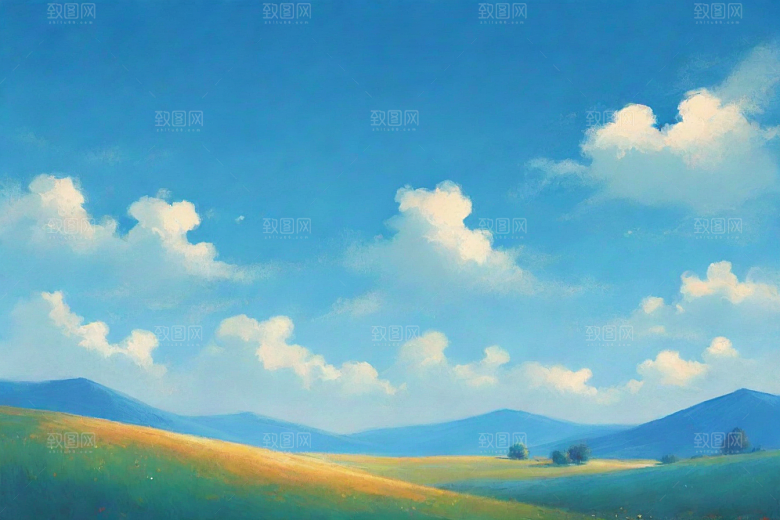 明亮蓝天下的白云草地