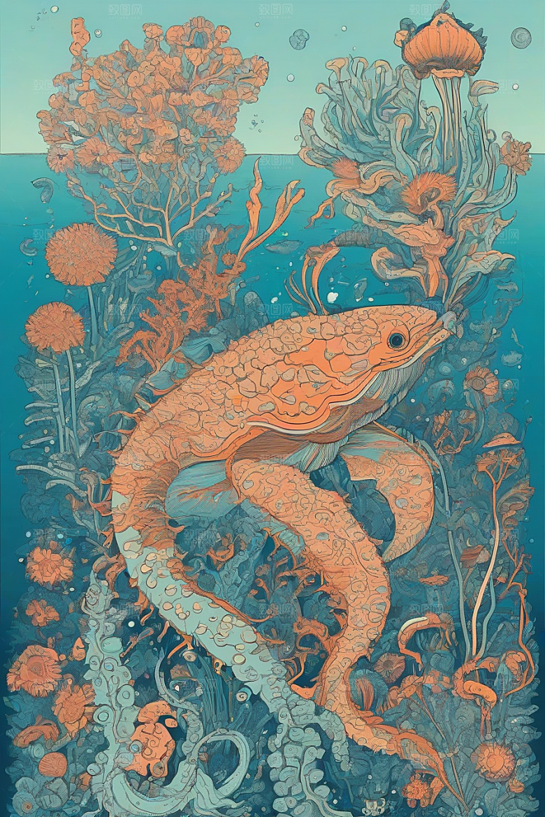 海洋之梦植物和生物插画的梦幻画面