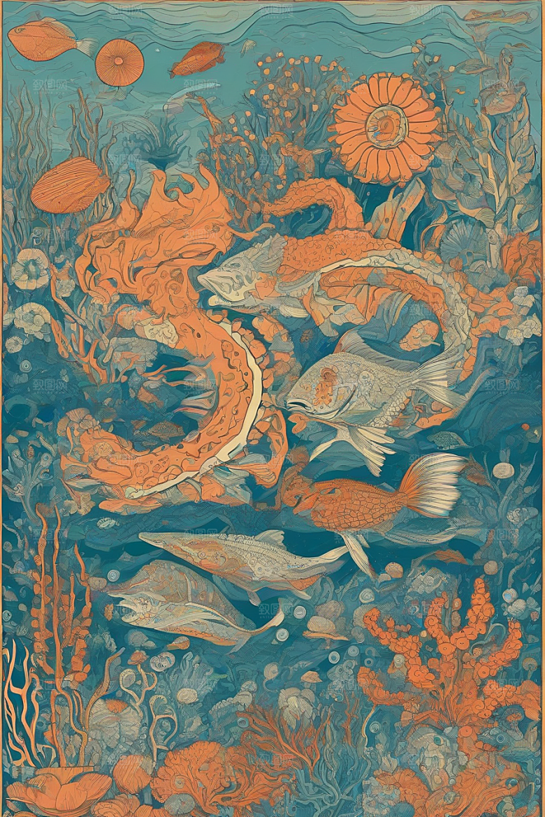 海洋之梦植物和生物插画的梦幻画面