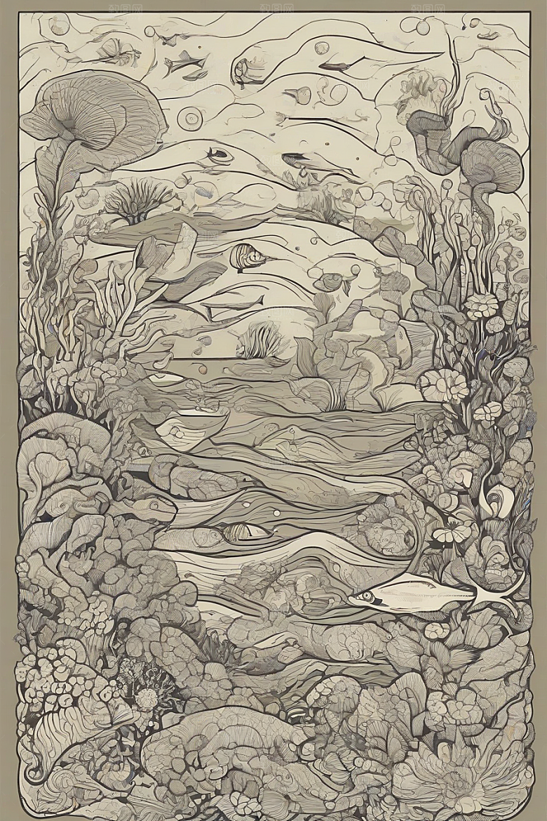 海洋之梦植物和生物插画的梦幻画面
