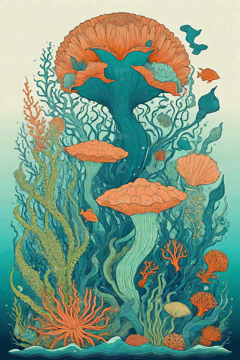 海洋之梦植物和生物插画的梦幻画面