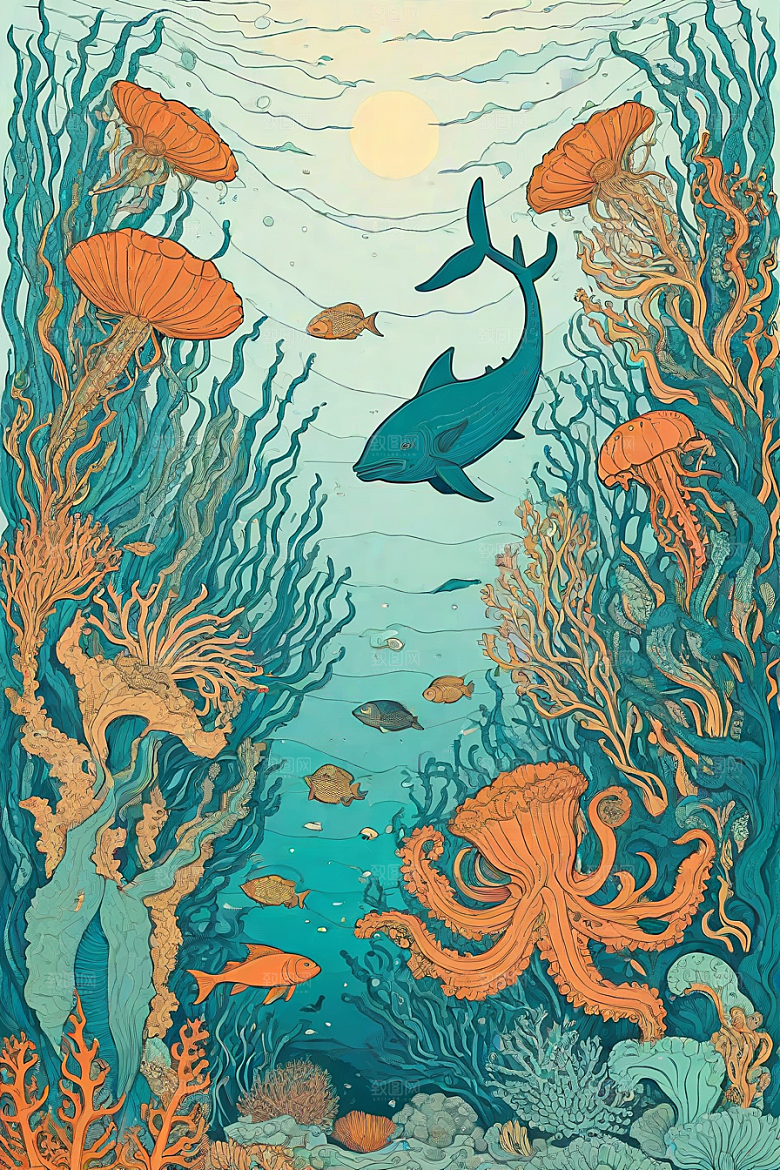 海洋之梦植物和生物插画的梦幻画面