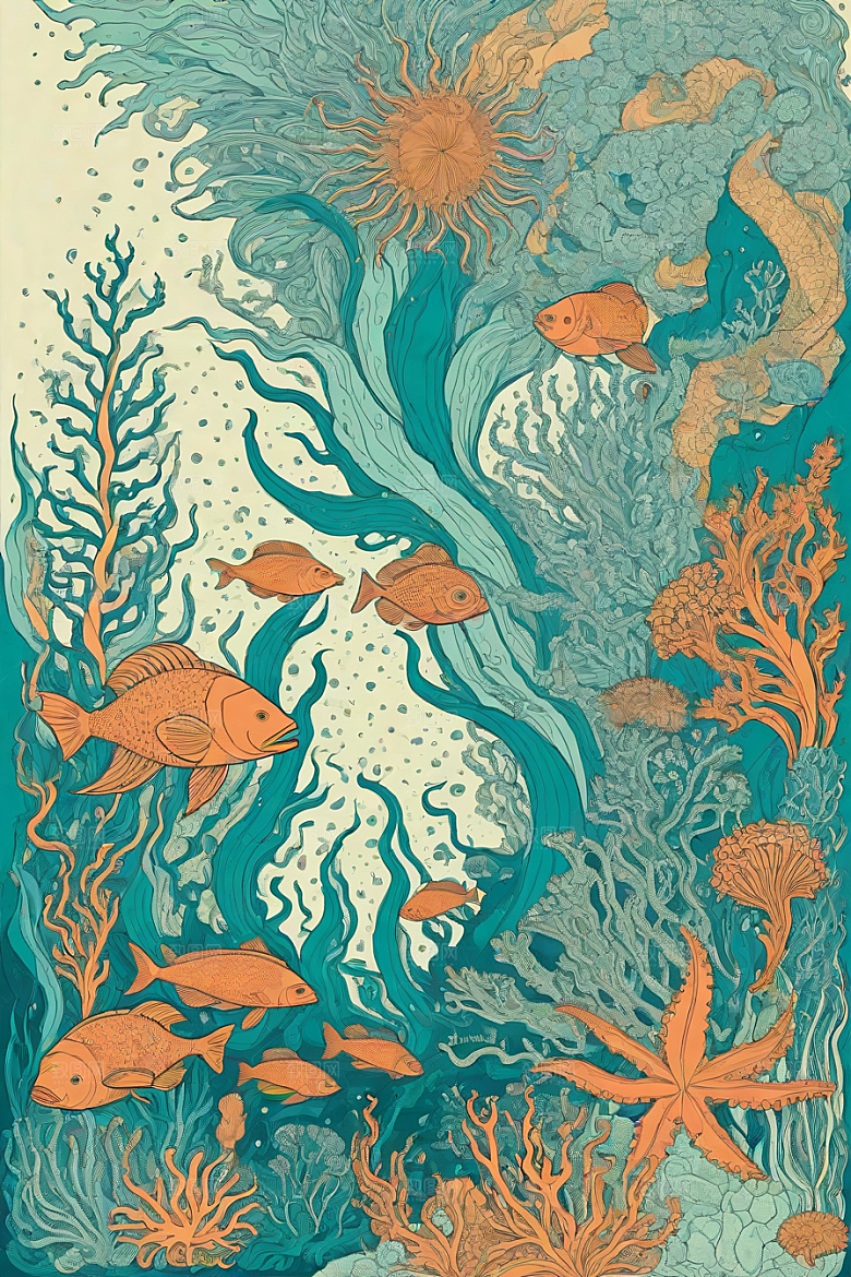 海洋之梦植物和生物插画的梦幻画面