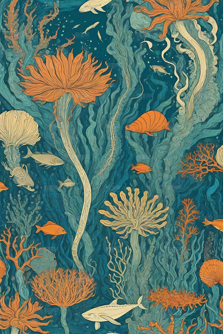 海洋之梦植物和生物插画的梦幻画面