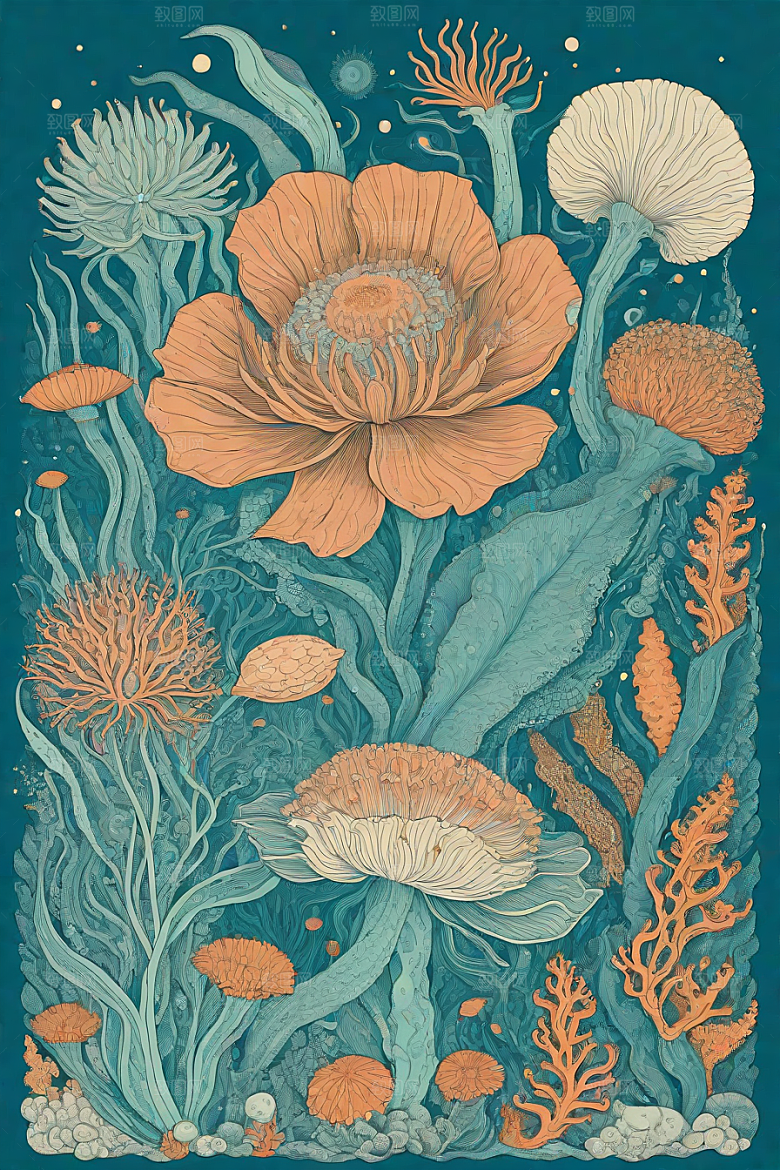 绚丽海洋植物和生物插画的色彩斑斓