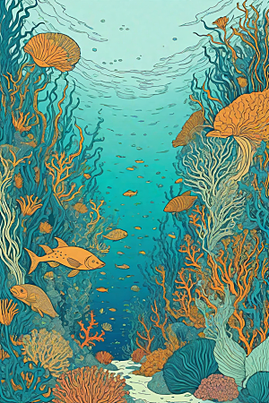 绚丽海洋植物和生物插画的色彩斑斓
