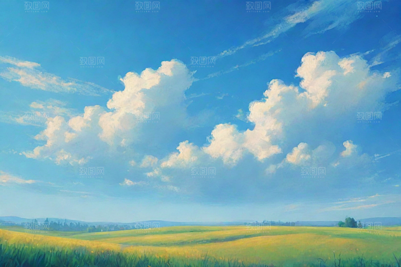 明亮蓝天下的白云草地