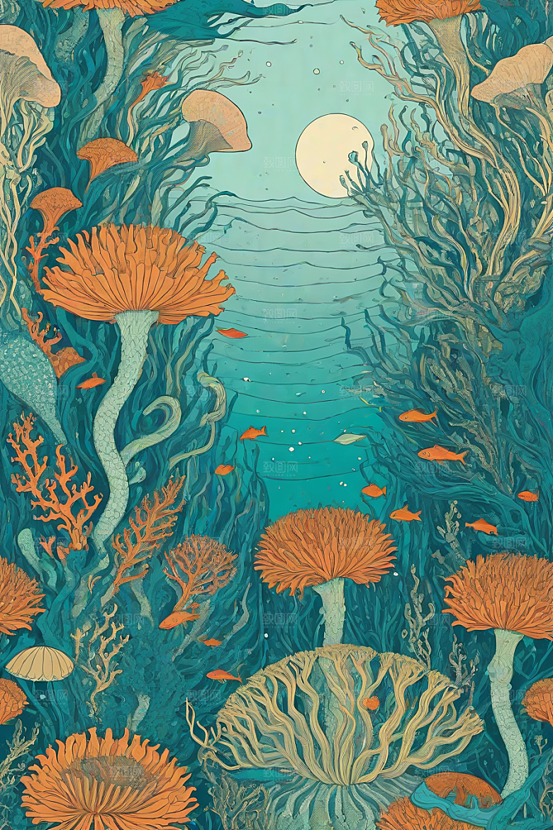 绚丽海洋植物和生物插画的色彩斑斓