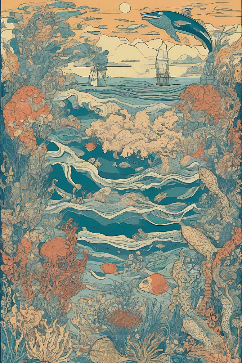 绚丽海洋植物和生物插画的色彩斑斓
