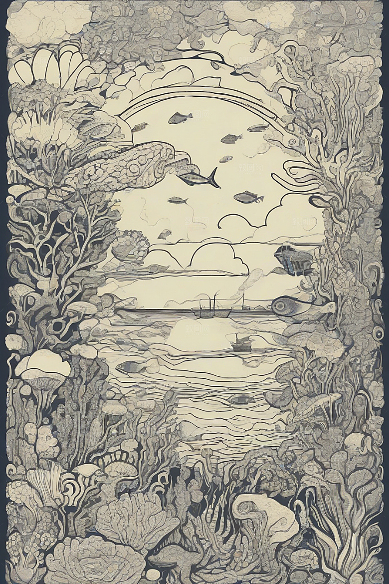 绚丽海洋植物和生物插画的色彩斑斓
