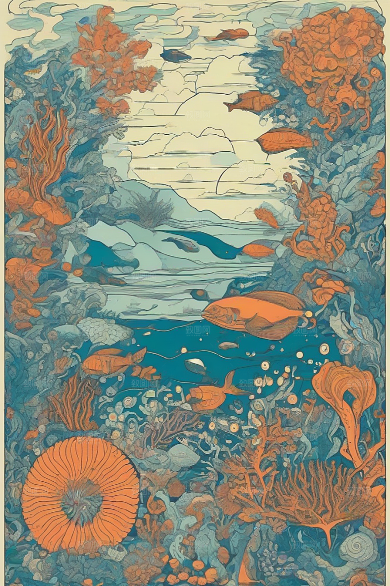 绚丽海洋植物和生物插画的色彩斑斓
