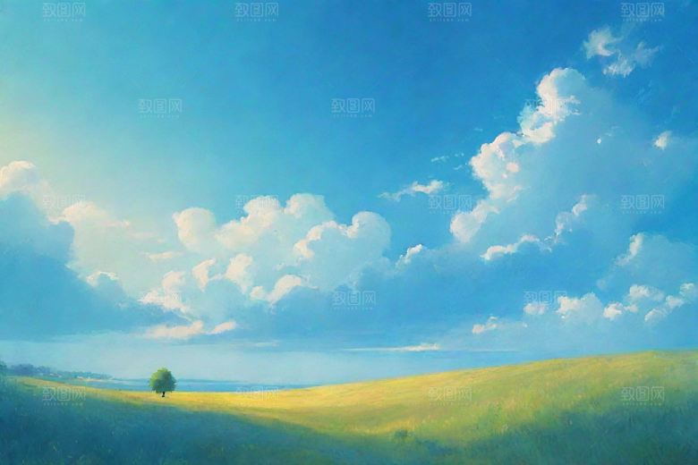 明亮蓝天下的白云草地