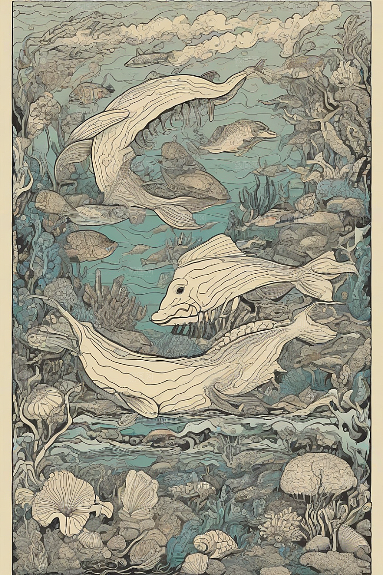 绚丽海洋植物和生物插画的色彩斑斓