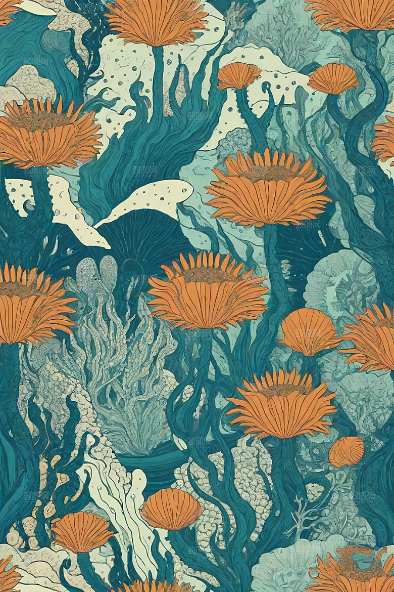绚丽海洋植物和生物插画的色彩斑斓